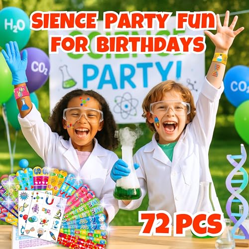 Cherisnowy 48PCS Science Party Favors, Temporary Tattoos & Slap Bracelets