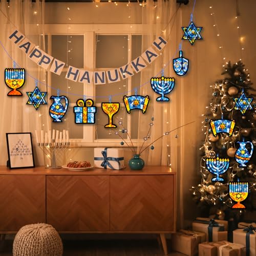 DoubleFill 48 Pcs Hanukkah Suncatchers Craft Kit Stained Glass Window - style: Hanukkah