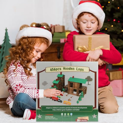 Wondertoys 456Pcs Big Villa Wooden Log Set Real Wood Logs Classic Building Log Ages 3+ Best Retro Building Gift Set Creative Construction Engineering Educational Gifts - style: 456PCS Luxury Villas