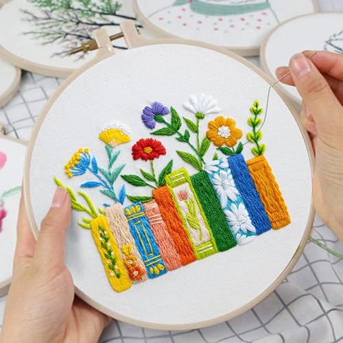 Louise Maelys Book and Flowers Embroidery Kit Canvas Tote Bag for Beginners - color: books flowers