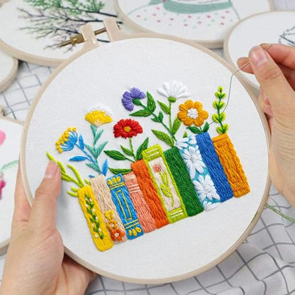 Louise Maelys Book and Flowers Embroidery Kit Canvas Tote Bag for Beginners - color: books flowers