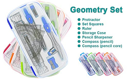 Akuoly Math Compasses Back-to-School Starter Geometry Kit with 2 Drafting Compasses Protractor Set Squares Ruler and More for Students Maths Study Homework, Blue Set with Carry Case