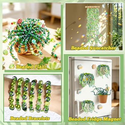 FOGWOWO 2628 Pcs Beaded Plant Kit,Glass Green Beads for Beaded Plants - color: Green C (No Pot & Foam)