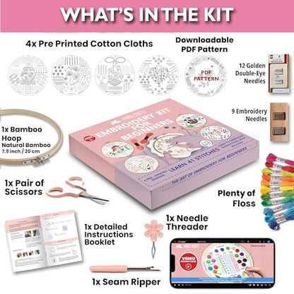 Moni Crafts Adult Beginner Embroidery Kit – 4 Pre-Printed Patterns (Flower, Mushroom, Floral, Heart) – Learn 41 Stitches, Hand Embroidery Starter Craft Set - color: Beginners - Practice B