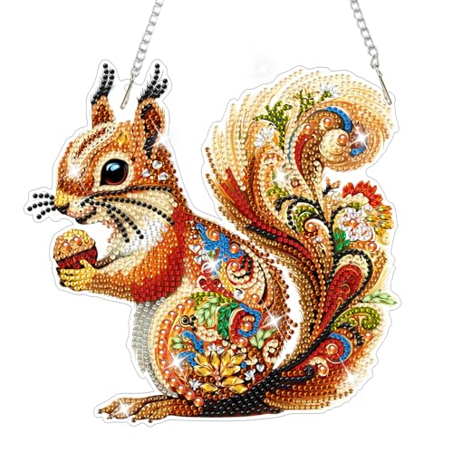 AIRDEA Hanging Diamond Painting Kits Mandala,Special Shaped Diamond Art Kits Squirrel,Gem Art Pendant Decor,7.81x7.59in - color: brown yellow