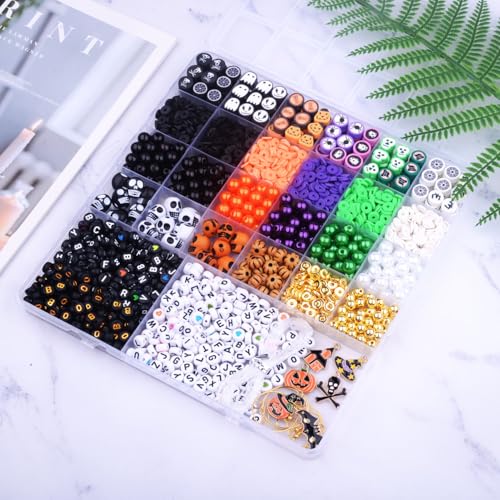 BBita 2088pcs Halloween Polymer Clay Beads Bracelet Making kit, 24 Style Cute Fun Beads Skull Pumpkin Beads Charms for Jewelry Necklace Earring Making DIY Accessories for Women Girls - color: A3#Halloween