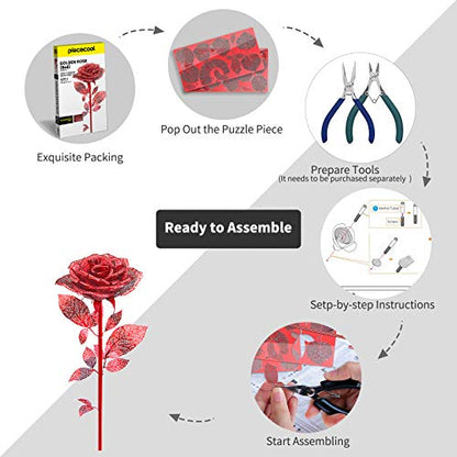 Piececool 3D Metal Puzzles Rose Flower Model Kits, Artificial Fake Flowers Metal Building Kit DIY 3D Puzzle for Adults, for Father Mothers Valentines Day, 15Pcs - color: Red