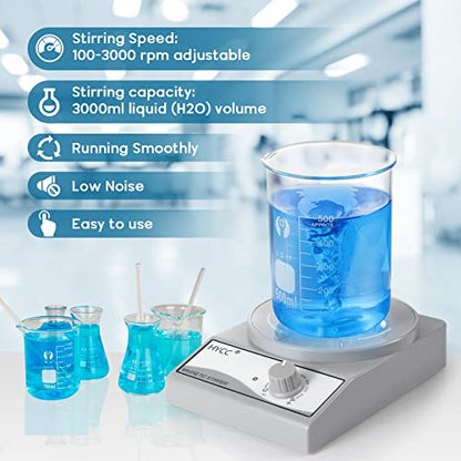 HYCC Laboratory Magnetic Stirrer with Magnetic Stirring bar and Stirring bar Retriever, 3000 RPM, max. Capacity: 3000ml - color: Grey