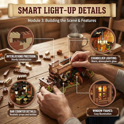 Western Bar Building Blocks with LED Lights, Wild West Saloon Architecture Model, Modular Old West Building Set for Adults, Detailed Desert Themed Collectible Display (1902 pcs)
