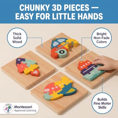 Wooden Puzzles for Toddlers 3+, Montessori 3D Vehicle Puzzle Set of 4 – BrightMō Screen-Free Fine Motor Learning Toys with Storage Box and Travel Bag, Gift for Boys and Girls Ages 3 4 5 - style: Transportation