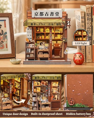 Book Nook Kit for Adults, DIY Miniature Dollhouse Kit with LED, 3D Wooden Puzzle Model Building Kit, Craft Gifts for Adults and Teens (Antique Bookery of Kyoto) - color: Antique Bookery of Kyoto