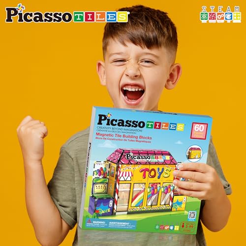PicassoTiles 60pc Magnetic Building Block Magnet Tile Toy Shop Theme Pretend Play Construction Kit Reconfigurable Printed Structure Double-Sided Printing Education STEM Learning Playset Ages 3+ PTQ50 - color: Toy Shop