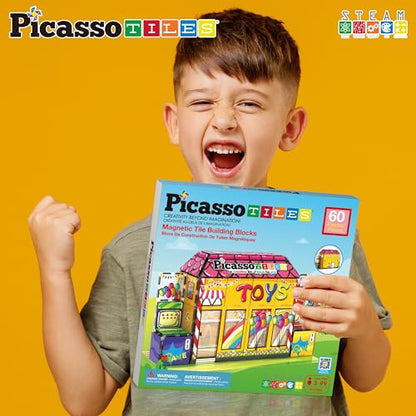 PicassoTiles 60pc Magnetic Building Block Magnet Tile Toy Shop Theme Pretend Play Construction Kit Reconfigurable Printed Structure Double-Sided Printing Education STEM Learning Playset Ages 3+ PTQ50 - color: Toy Shop