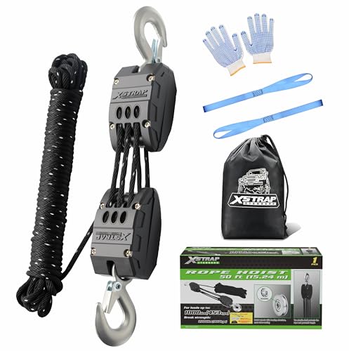 XSTRAP STANDARD 50FT Reflective Rope Hoist Pulley Block & Tackle 5:1 System - color: Reflective Black