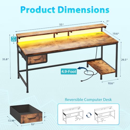 DurayLoly 55" Office Desk with Power Outlet & Fabric Drawer,Rustic Brown - color: Rustic Brown, size: 55 IN