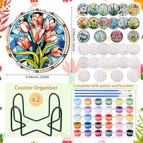 Reallnaive 16 Pcs Flower Paint by Numbers Kit for Adults Wood Floral Coaster - style: Floral