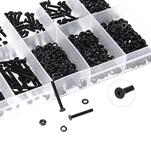 HELIFOUNER 560 Pieces M2 x 4mm /6mm /8mm /10mm /12mm /16mm /20mm, Countersunk Head Socket Cap Screws Bolts Washers Nuts Kit, 10.9 Grade Alloy Steel, Full Threaded, Black - size: M2, style: Countersunk Head