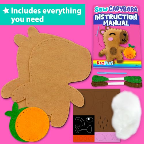 KRAFUN Beginner Sewing Kit, Sew Capybara & Orange, Pre-Cut Felt, Ages 5+ - color: Capybara