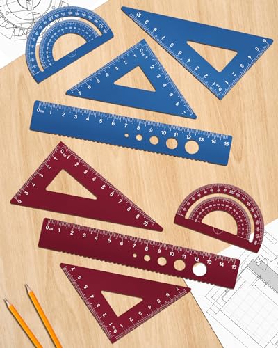 Honagu Aluminum Alloy Triangular Ruler Set, 8 Pieces/2 Sets, Modern Design, 12 Inches - color: Blue+Red