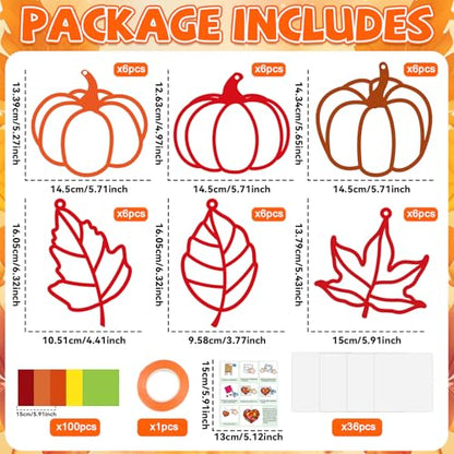 Qyeahkj 36 Set Fall Suncatchers Crafts for DIY Autumn Window Tissue Paper Crafts Kit Maple Leaves Pumpkin Hanging Decor for Thanksgiving Home Activity Art Project Birthday Party Favor Gift - style: Maple Leaves Pumpkin