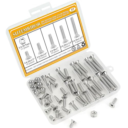 57 Pieces 1/4-20 x 1/2", 3/4", 1", 1-1/4", 1-1/2", Phillips Countersunk Head Machine Screws Nuts Assortment Kit - size: 1/4"-20, style: Phillips Countersunk Head