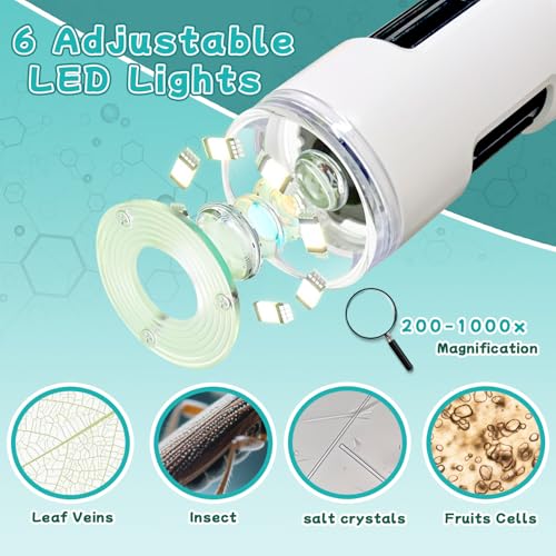 Microscope for Kids with 12 Slides, 200X-1000X,2.4" Screen Digital Handheld Kids Microscope Kit, Portable Pocket Removable Miniscope Science Toys Gifts for for 3 4 5 6 7 8 9 10 11 12 Year Old