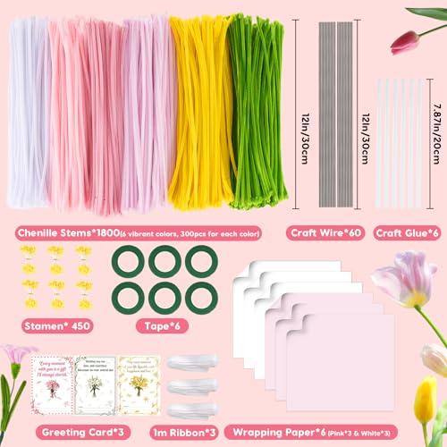 1800PCS Pipe Cleaners Flower Kit, Pipe Cleaners Craft Bulk Chenille Stems Flower Making Set with Floral Wrapping Paper, Gardening Tape, Stamen, Floral Wires & Ribbon for Art and Craft Supplies - color: 1800PCS-Pink