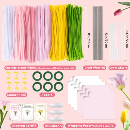 1800PCS Pipe Cleaners Flower Kit, Pipe Cleaners Craft Bulk Chenille Stems Flower Making Set with Floral Wrapping Paper, Gardening Tape, Stamen, Floral Wires & Ribbon for Art and Craft Supplies - color: 1800PCS-Pink