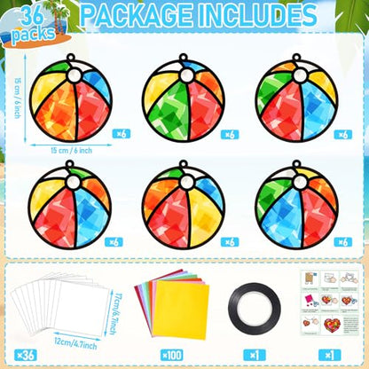 Qyeahkj 36 Set Beach Balls Suncatchers Craft for DIY Summer Party Paper Craft Kit Game Beach Balls Stained Glass Window Ornaments Decoration for Home Art Project Party Favor Gift - style: Beach Balls