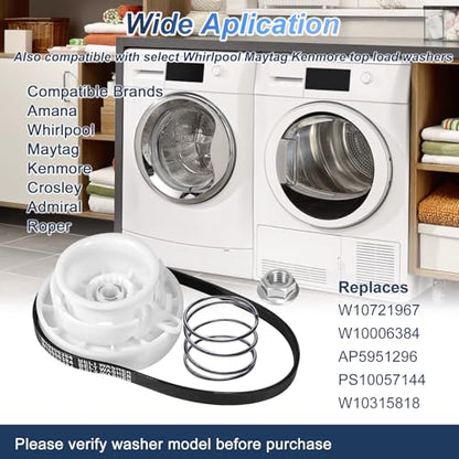 W10721967 Washer Pulley Clutch Kit with W10006384 Drive Belt, Splutch Cam Kit Replacement for Whirlpool Maytag Kenmore Amana Top Load Washers, Replaces AP5951296 W10006356 W10315818 PS10057144