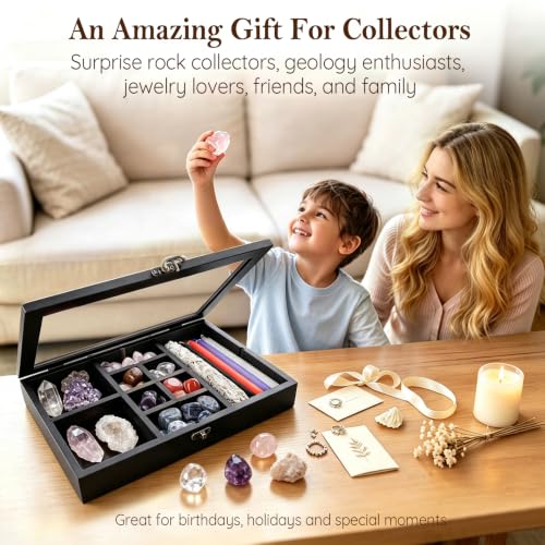 Adjustable Rock Collection Box, Wood Crystal Display Case for Gemstone - color: Black