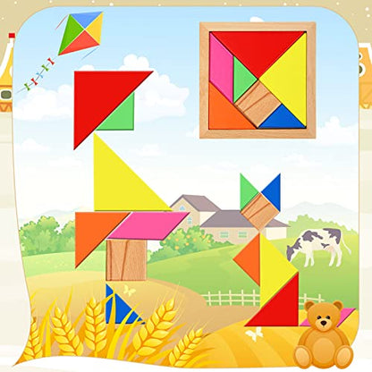 Jerify 5 Pack Wooden Tangram Puzzle for Kids, Brain Teaser Puzzles