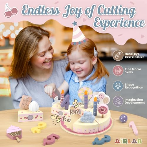 Wooden Birthday Party Cake Play Food Sets for 3 4 5 Year Old - color: Pink