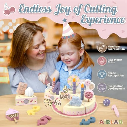 Wooden Birthday Party Cake Play Food Sets for 3 4 5 Year Old - color: Pink