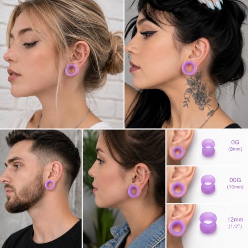 Oyaface 20 PCS Piercing Tunnel Set Soft/Hard Silicone Flesh Ear Plugs 2g-25mm Flexible Ear Stretching Gauge Expander - color: Purple(thin)