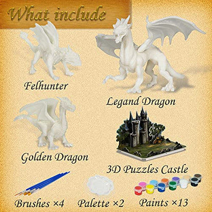 Kids Arts Crafts Set - Dragon Toys Painting Kit with 3 Dragons Figurines and 3D Jigsaw Puzzle Castle, Best Tween Paint Gift to Create Own Powerful Dragon - color: DRAGON