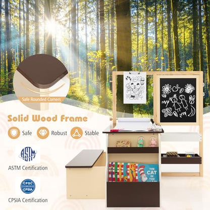 HONEY JOY Kids Art Easel, 6-in-1 Wooden Double-Sided Toddler Table & Chair Set w/Adjustable Magnetic White Board & Chalkboard, Paper Roll, Bookshelf, Storage, Kids Art Table and Chair (Coffee) - style: Coffee