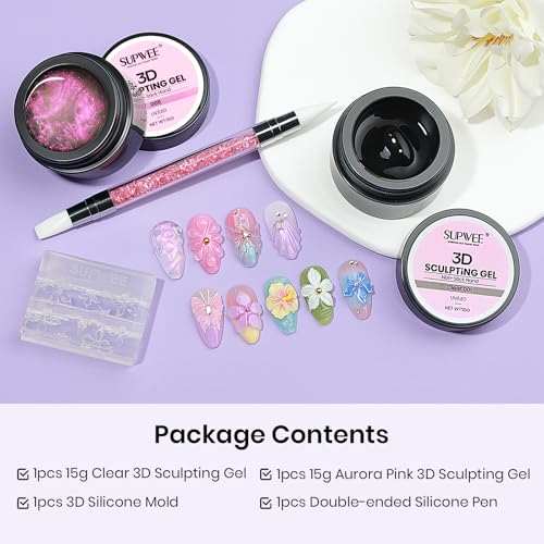 3D Sculpting Gel, 2PCS Hard Solid Carving for Nail Art Extension - color: Clear&Aurora Pink