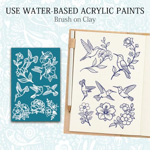 2Pcs 2 Styles Floral Silk Screen Stencils 3.9 x 6 Inch Polymer Clay Stencils Hummingbirds Flowers Pattern Reusable Nylon Transfers for Polymer Clay Wood Fabric Jewelry Making DIY Crafts - color: Bird