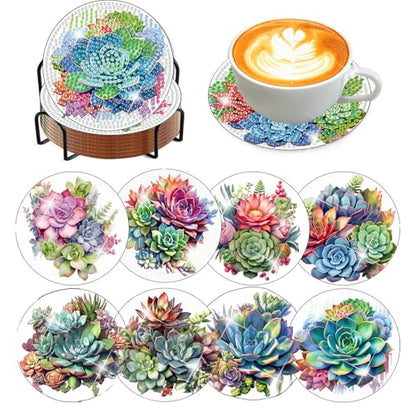 8 Pcs Green Plants Diamond Art Coasters Kit for Adults with Holder 4x4in - color: Plant Coasters, size: 8 Pcs 4x4in