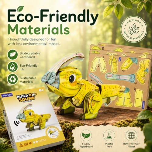 MierEdu Build 'N' Sound 3D Puzzle for Kids, Animal Puzzle with Sound Module, Educational STEM Craft Kit, FSC Paper Model Building Toy Gift for Ages 6+ - color: Parasaurolophus