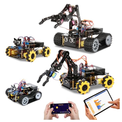 4 in 1 Robotics for Kids Ages 12-16, Smart Robot Arm with 5DOF + Tank Car, STEM Toys Compatible with Arduino & Scratch & Python, App & Remote Control, Gift for Kids & Teens & Adult - color: Black-a