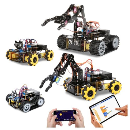 4 in 1 Robotics for Kids Ages 12-16, Smart Robot Arm with 5DOF + Tank Car, STEM Toys Compatible with Arduino & Scratch & Python, App & Remote Control, Gift for Kids & Teens & Adult - color: Black-a