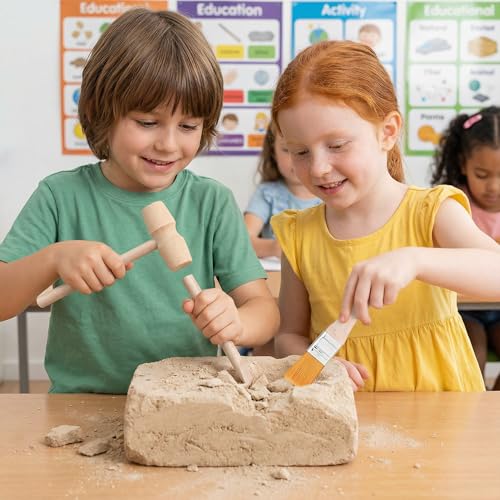 Kids Archaeological Excavation Tools Kit with Wooden Hammer Brush and Chisel - Educational Stem Toy for Rock Digging Pretend Play and Fossil Excavation