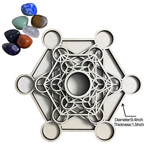 Metatron Crystal Grid Wooden Art 3D Metatron's Healing Energy with 7 Pieces Rough Seven Chakras Crystal Stone Set Sacred Geometry Energy Crystal Grid Kit for Meditation Chakra Balancing 9.4''x1.5''