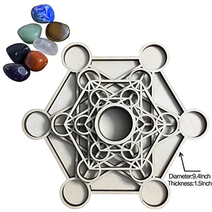 Metatron Crystal Grid Wooden Art 3D Metatron's Healing Energy with 7 Pieces Rough Seven Chakras Crystal Stone Set Sacred Geometry Energy Crystal Grid Kit for Meditation Chakra Balancing 9.4''x1.5''