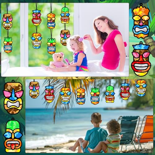 Qyeahkj 36 Set Tiki Theme Suncatchers Craft Tropical Hawaii Suncatchers Craft Kit Summer Luau Window Tissue Paper kit Window Hanging Decoration for Home Art Project Party Favor Gift - style: Tiki