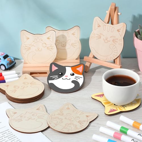 Patelai 24 Pcs Cat Coasters Craft Set Wooden DIY Coasters Painting Kit with Markers Unfinished Cat Slices Make Your Own Wood Ornament Gift for Adults Handmade Holiday Decor Supplies - style: Cat
