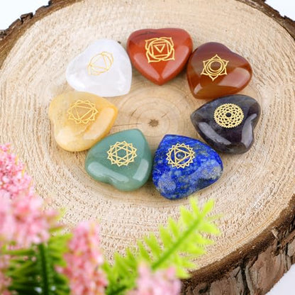 TGS Gems 7pcs Chakra Heart Crystal Stones Natural Reiki Healing Crystals Gemstones with Engraved Chakra Symbol Chakra Stone Kit for Meditation Crystal