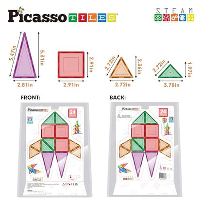 PicassoTiles Magnet Tile Building Block Set Magnetic Construction Square Triangle Tiles Toy Kit Sparking Creativity Geometric Shapes STEM Educational Learning Brain Development Kids Ages 3+ PB24 - color: 24 Pcs